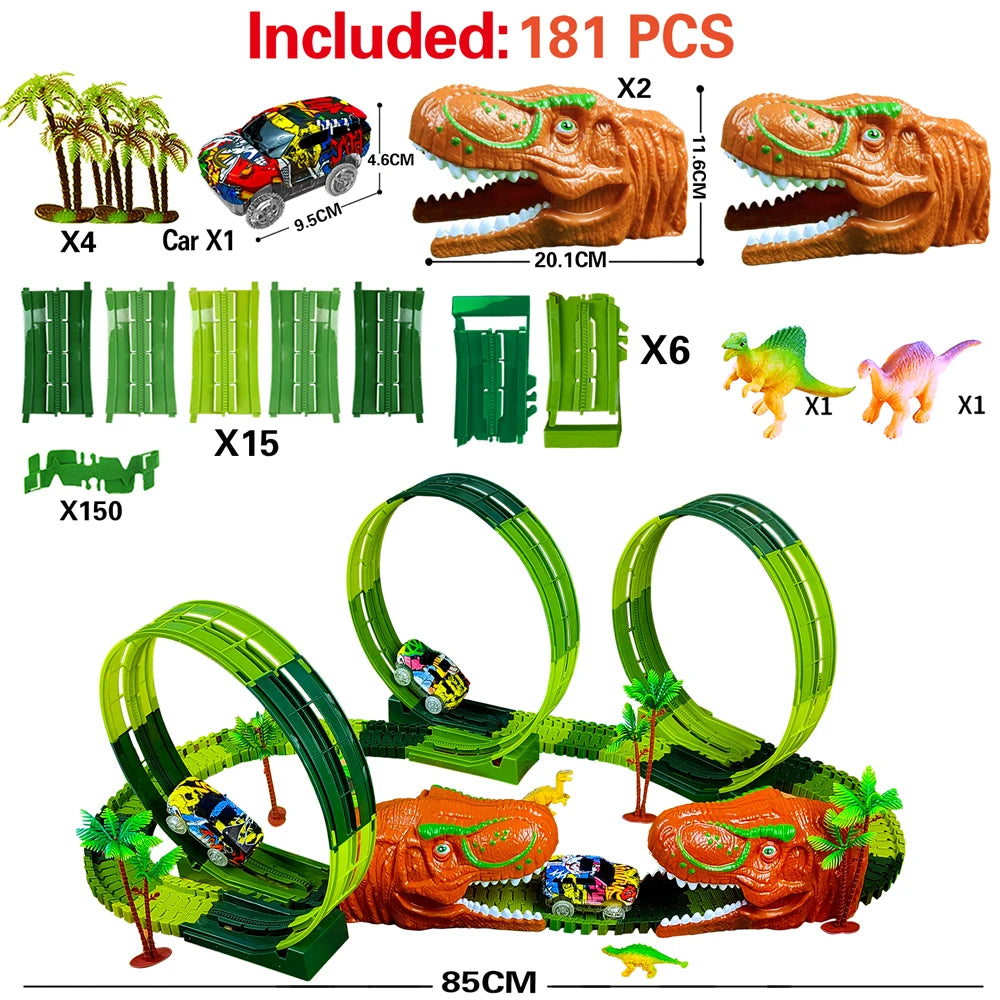 Racing Track Dinosaur Railway Toys Flexible Race Anti gravity orbit Electronic Flash Light Car Toys for Children Gifts