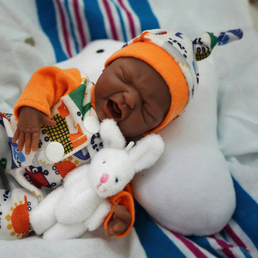 7-Inch Mini Sleeping Boy African Silicone Baby Doll Lifelike Soft Realistic with Feeding Accessories Collectible Doll