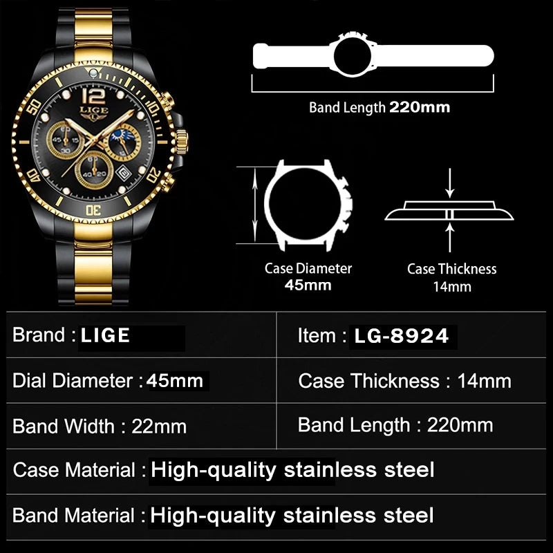 LIGE New Mens Watches for Men Sport Waterproof Stainless Steel Quartz Watch Luxury Man Business Luminous Clock Relogio Masculino