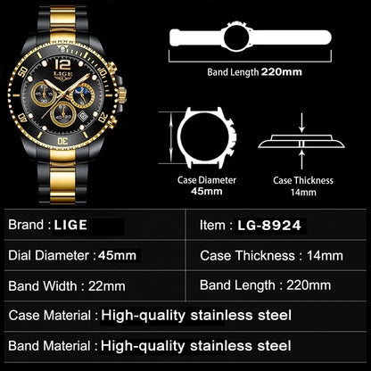 LIGE New Mens Watches for Men Sport Waterproof Stainless Steel Quartz Watch Luxury Man Business Luminous Clock Relogio Masculino