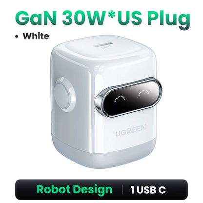 【US Plug】UGREEN 65W 30W GaN Charger Robot Design QC4.0 3.0 PPS for iPhone 17 16 15 Pro Macbook Laptops Tablet PD3.0 Fast Charg