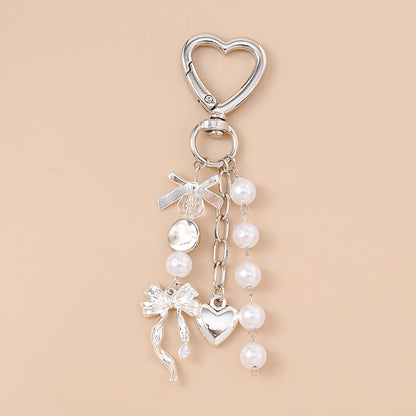 Cute Bowknot Love Heart Keychain Crystal Pearl Key Ring Pendants for Women Girls Handbag Decor DIY Handmade Key Chain Gifts