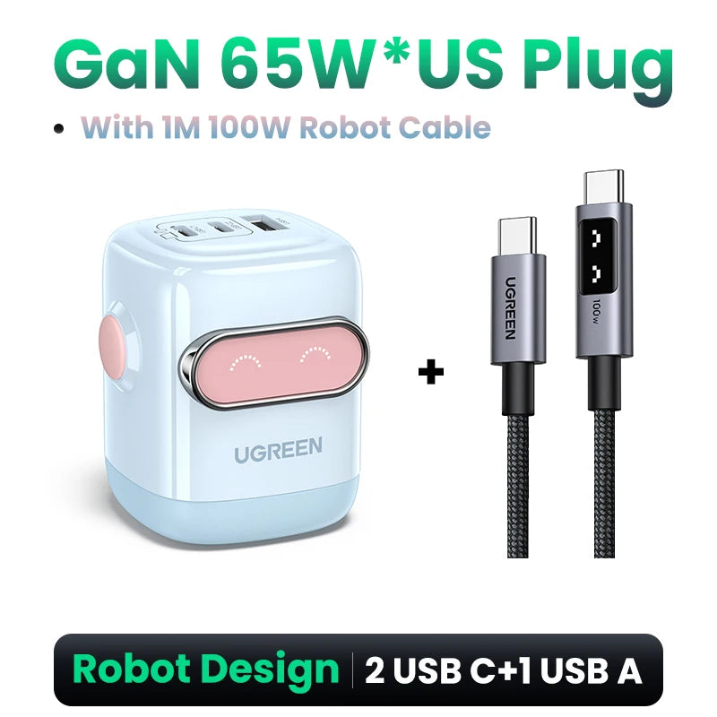 【US Plug】UGREEN 65W 30W GaN Charger Robot Design QC4.0 3.0 PPS for iPhone 17 16 15 Pro Macbook Laptops Tablet PD3.0 Fast Charg