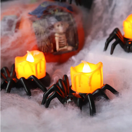 6 Pcs Electric Candles Flickering Halloween Flameless Spider Candlestick Lamp Amber Decorations Indoor Lights LED
