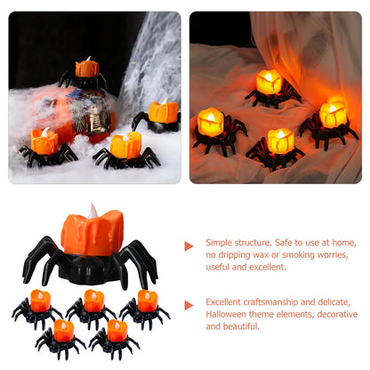 6 Pcs Electric Candles Flickering Halloween Flameless Spider Candlestick Lamp Amber Decorations Indoor Lights LED