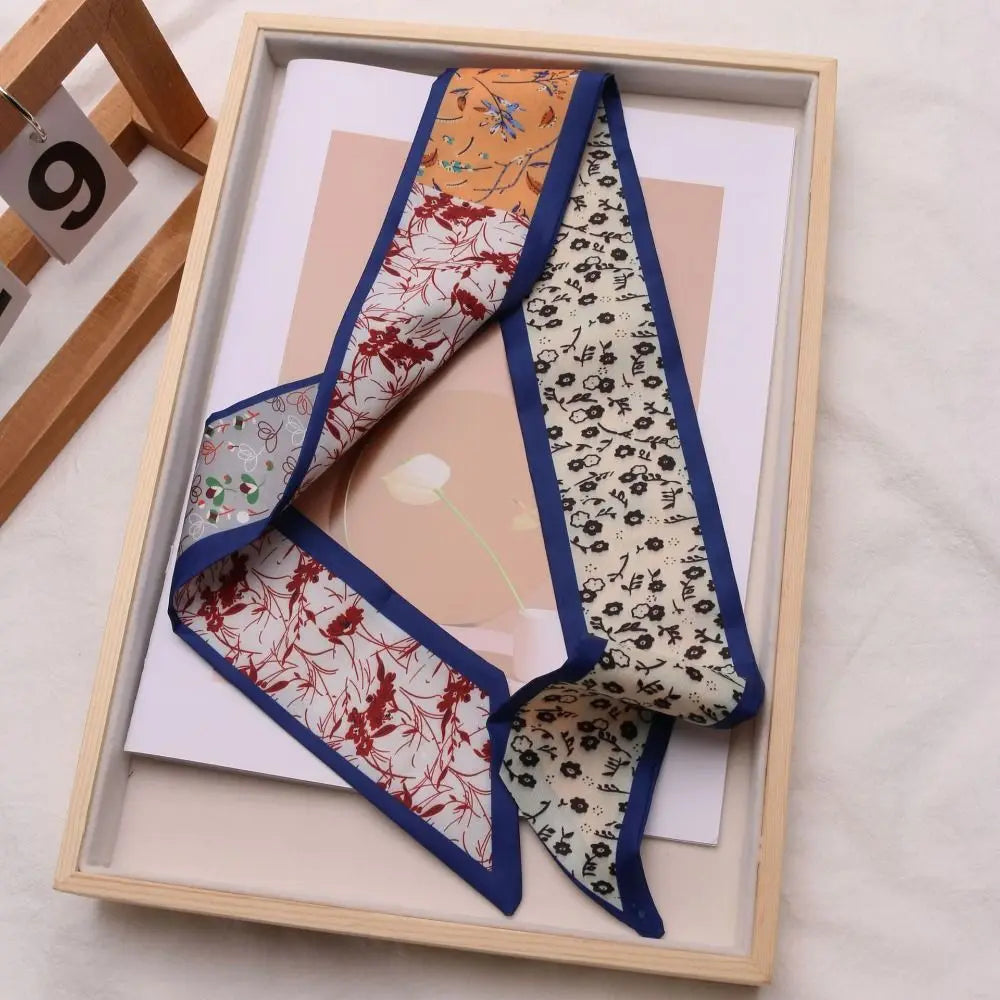 Fashion Luxury Floral Silk Scarf Flower Pattern Retro Hair Band Long Versatile Silk Scarves