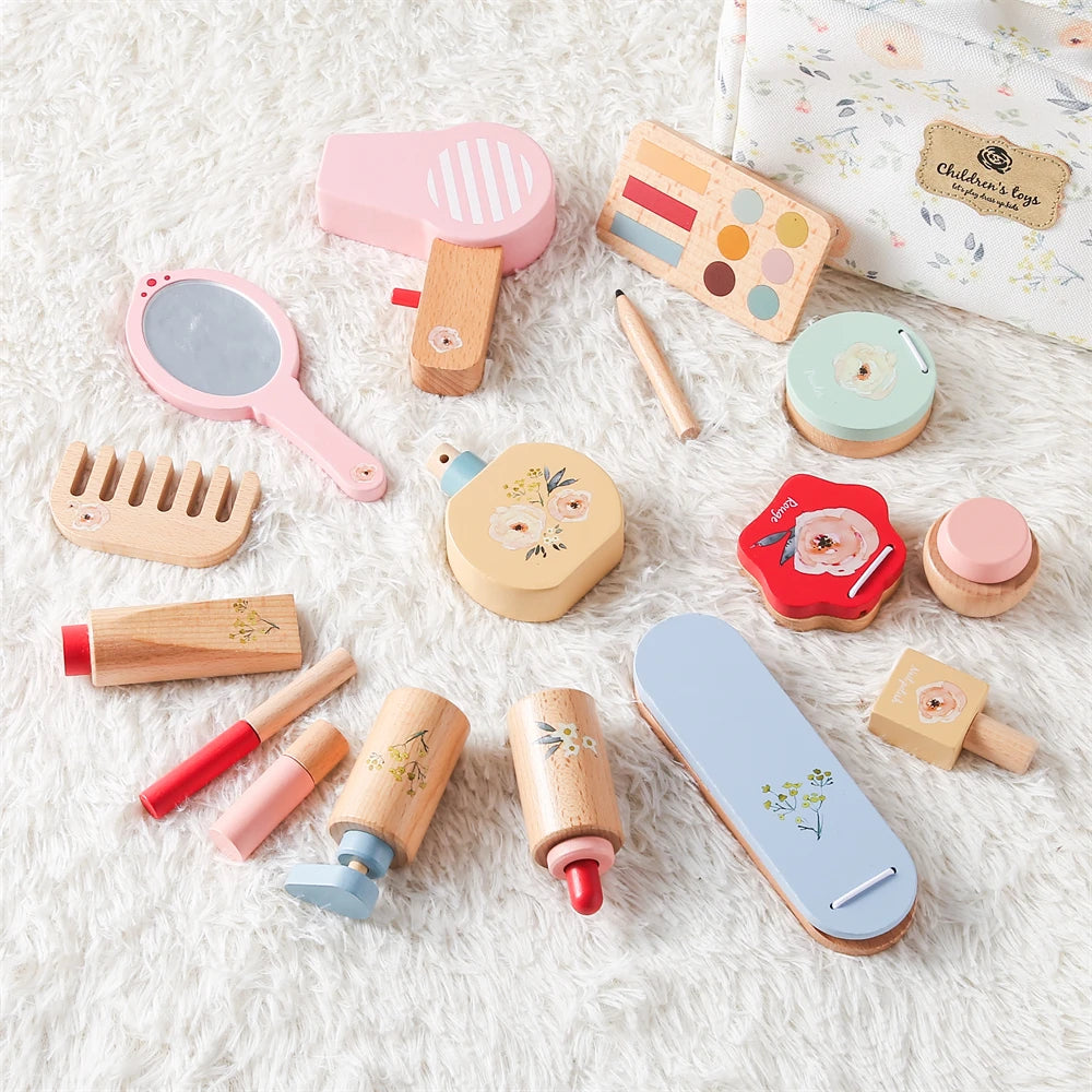 Baby Wooden Pretend Play Makeup Toys Simulation Cosmetics Set Girls Play House Hairdressing Simulation Make Up Preschool Toys