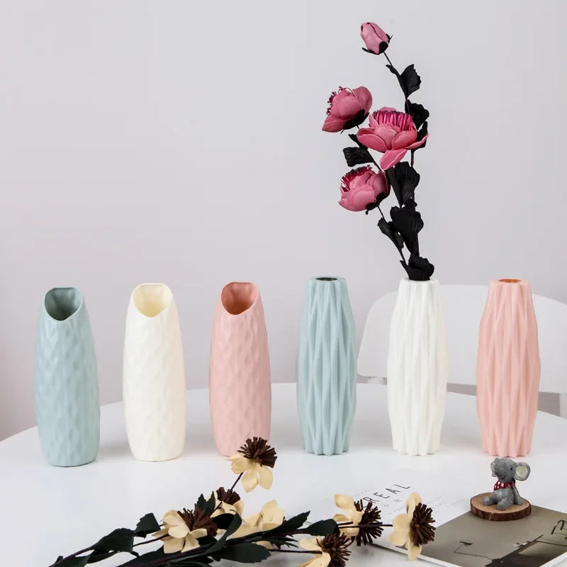 Modern Flower Vase Plastic Vases for Flowers White Pink Plastic Vase Flower Pot Basket Nordic Home Living Room Decoration
