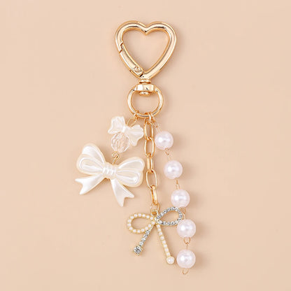 Cute Bowknot Love Heart Keychain Crystal Pearl Key Ring Pendants for Women Girls Handbag Decor DIY Handmade Key Chain Gifts