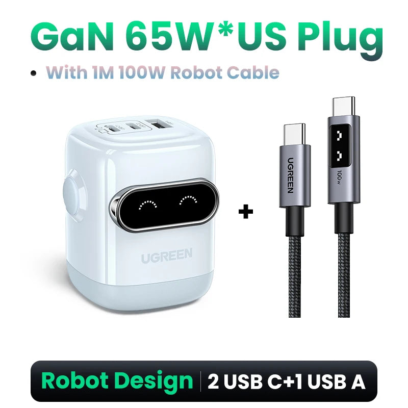 【US Plug】UGREEN 65W 30W GaN Charger Robot Design QC4.0 3.0 PPS for iPhone 17 16 15 Pro Macbook Laptops Tablet PD3.0 Fast Charg