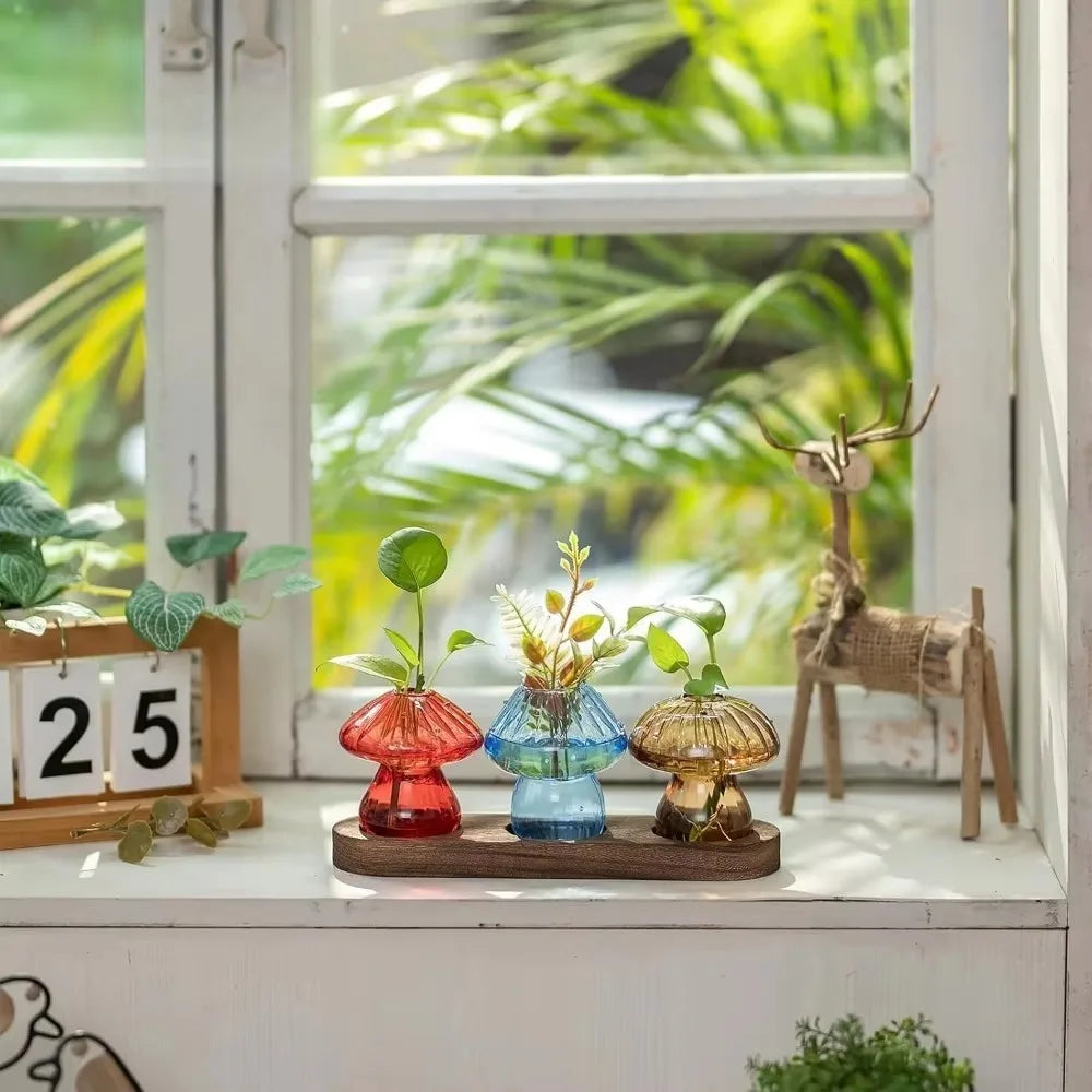 Mushroom Glass Planter Vase with Wooden Base Cute Indoor Greenery Plant Propagation Stations Flowers,Hydroponics & Home Decor