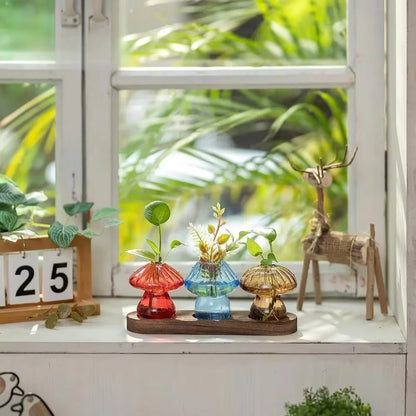 Mushroom Glass Planter Vase with Wooden Base Cute Indoor Greenery Plant Propagation Stations Flowers,Hydroponics & Home Decor