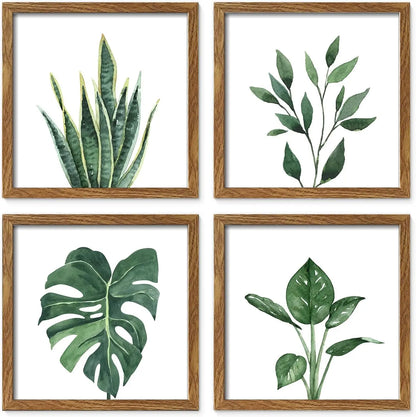 Framed Bathroom Wall Art Decor, 10x10 Inch 4 Pack Botanical Gallery Wall Frame Set Modern Farmhouse Sage Green Prints Artwork for Spa, Restroom, Bedroom, Office Decoration (Walnut)
