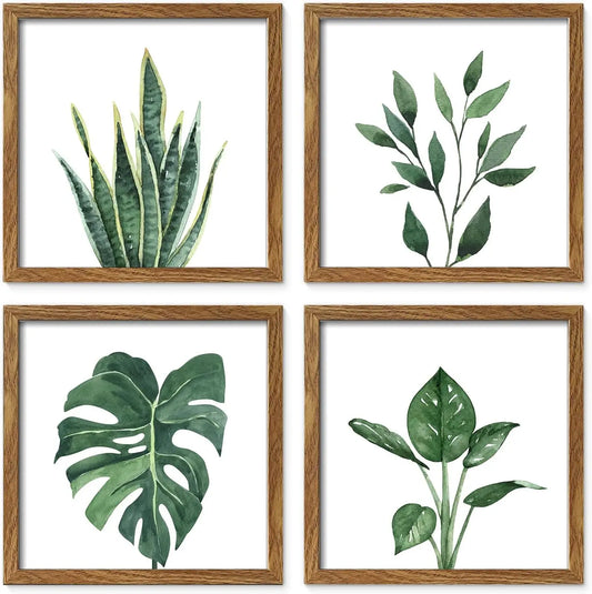 Framed Bathroom Wall Art Decor, 10x10 Inch 4 Pack Botanical Gallery Wall Frame Set Modern Farmhouse Sage Green Prints Artwork for Spa, Restroom, Bedroom, Office Decoration (Walnut)