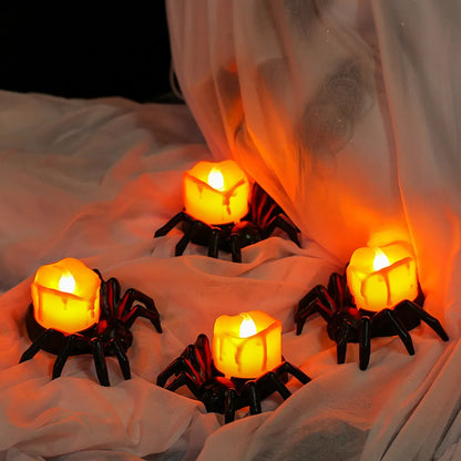 6 Pcs Electric Candles Flickering Halloween Flameless Spider Candlestick Lamp Amber Decorations Indoor Lights LED