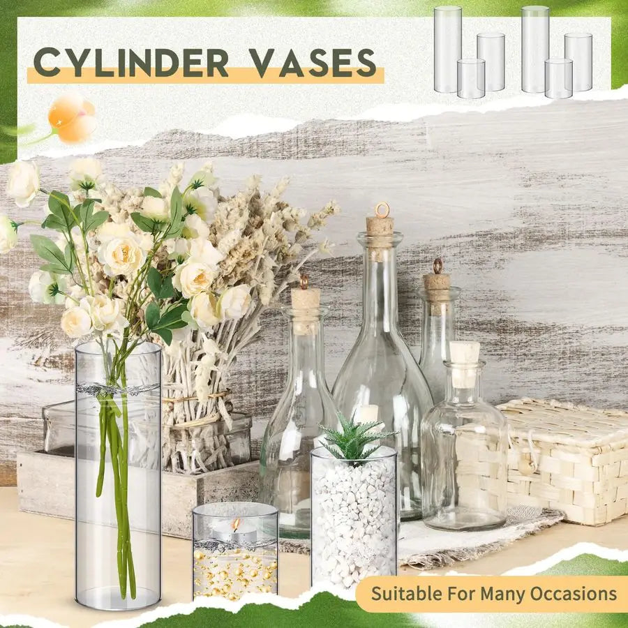 24 Pcs Plastic Cylinder Vases Tall Plastic Flower Vases for Centerpieces Hurricane Candle Holder for Home Wedding Office Party F