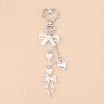 Cute Bowknot Love Heart Keychain Crystal Pearl Key Ring Pendants for Women Girls Handbag Decor DIY Handmade Key Chain Gifts