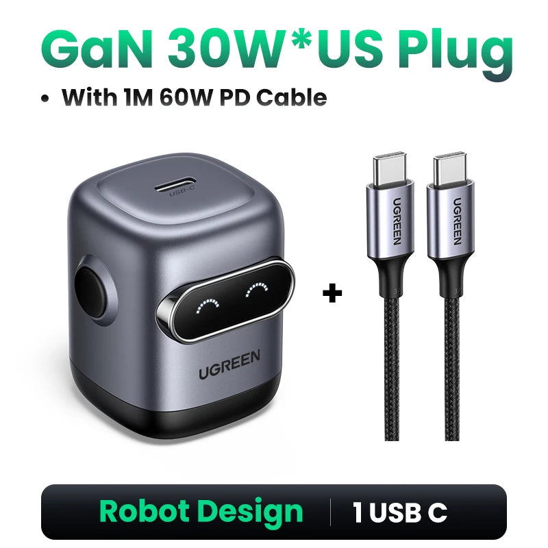 【US Plug】UGREEN 65W 30W GaN Charger Robot Design QC4.0 3.0 PPS for iPhone 17 16 15 Pro Macbook Laptops Tablet PD3.0 Fast Charg