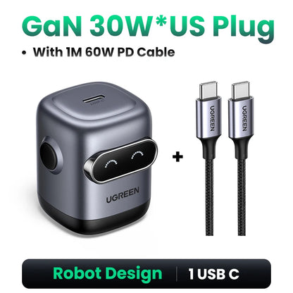 【US Plug】UGREEN 65W 30W GaN Charger Robot Design QC4.0 3.0 PPS for iPhone 17 16 15 Pro Macbook Laptops Tablet PD3.0 Fast Charg