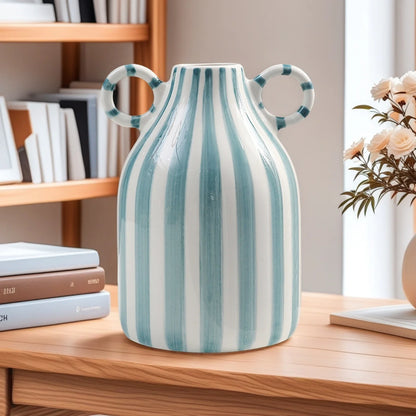 Nordic Style Art Vase Ornament Double Ear Striped Ceramic Vase Hydroponic Flower Cutting Bottle Home Decoration Flowerpot