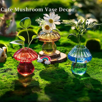 Mushroom Glass Planter Vase with Wooden Base Cute Indoor Greenery Plant Propagation Stations Flowers,Hydroponics & Home Decor