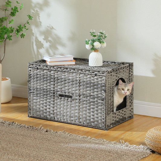 Rattan Cat Litter Box Enclosure Furniture with Door, Handwoven Rattan Hidden Litter Box Living Room Odor Control, Cat House Bed
