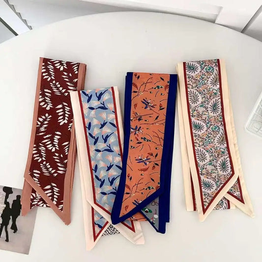Fashion Luxury Floral Silk Scarf Flower Pattern Retro Hair Band Long Versatile Silk Scarves