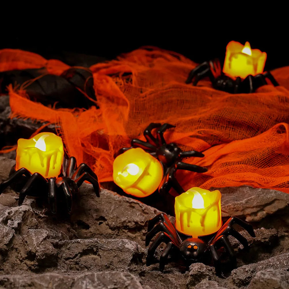 6 Pcs Electric Candles Flickering Halloween Flameless Spider Candlestick Lamp Amber Decorations Indoor Lights LED