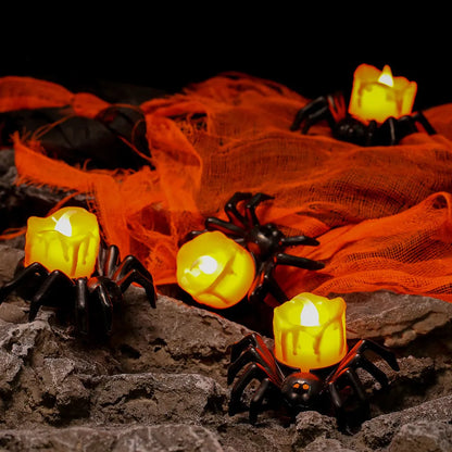 6 Pcs Electric Candles Flickering Halloween Flameless Spider Candlestick Lamp Amber Decorations Indoor Lights LED