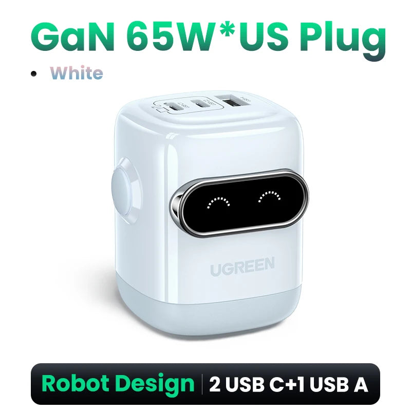 【US Plug】UGREEN 65W 30W GaN Charger Robot Design QC4.0 3.0 PPS for iPhone 17 16 15 Pro Macbook Laptops Tablet PD3.0 Fast Charg