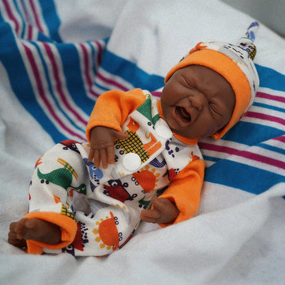 7-Inch Mini Sleeping Boy African Silicone Baby Doll Lifelike Soft Realistic with Feeding Accessories Collectible Doll