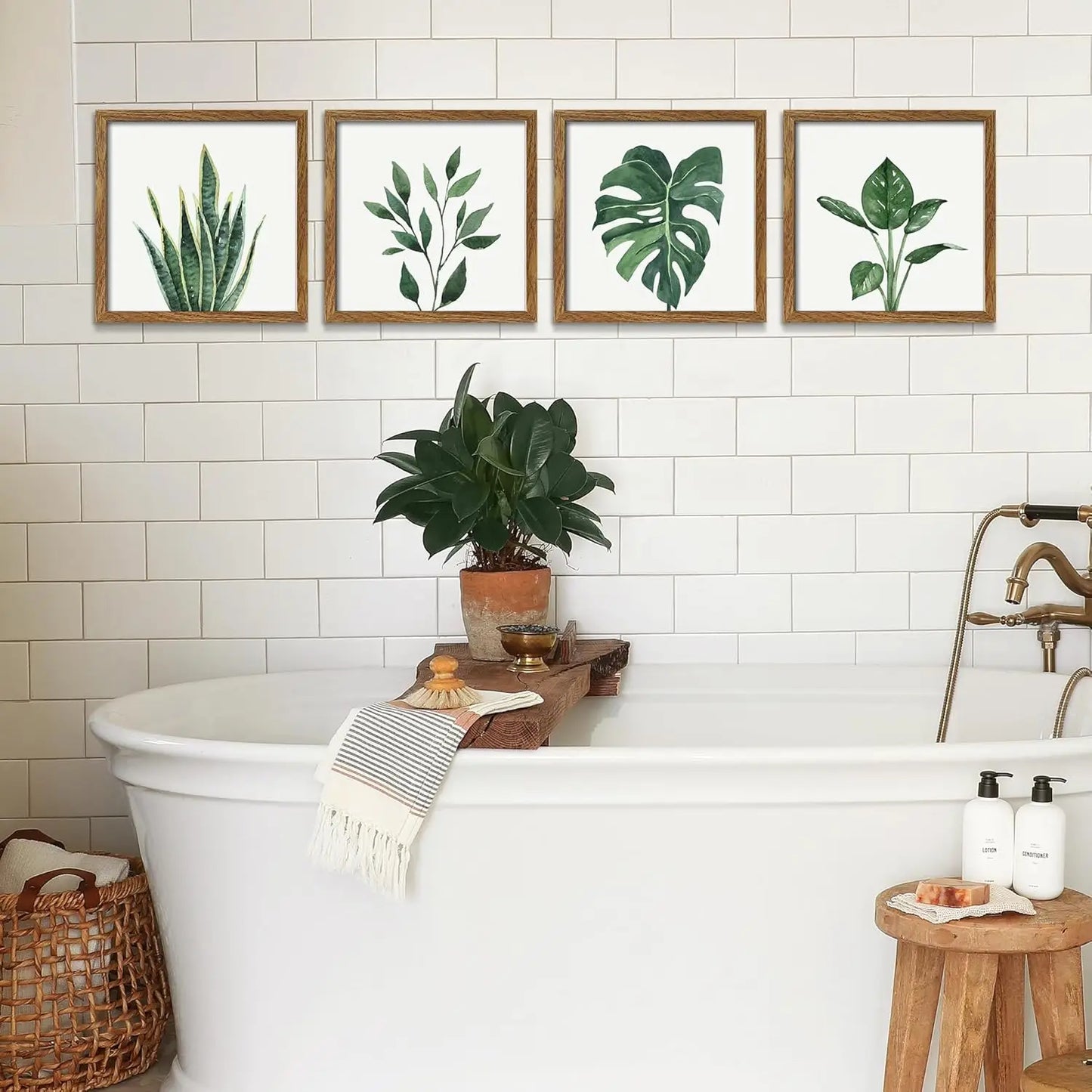 Framed Bathroom Wall Art Decor, 10x10 Inch 4 Pack Botanical Gallery Wall Frame Set Modern Farmhouse Sage Green Prints Artwork for Spa, Restroom, Bedroom, Office Decoration (Walnut)