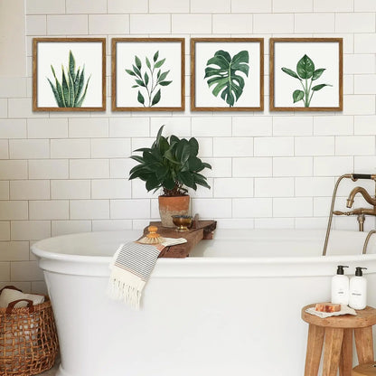 Framed Bathroom Wall Art Decor, 10x10 Inch 4 Pack Botanical Gallery Wall Frame Set Modern Farmhouse Sage Green Prints Artwork for Spa, Restroom, Bedroom, Office Decoration (Walnut)