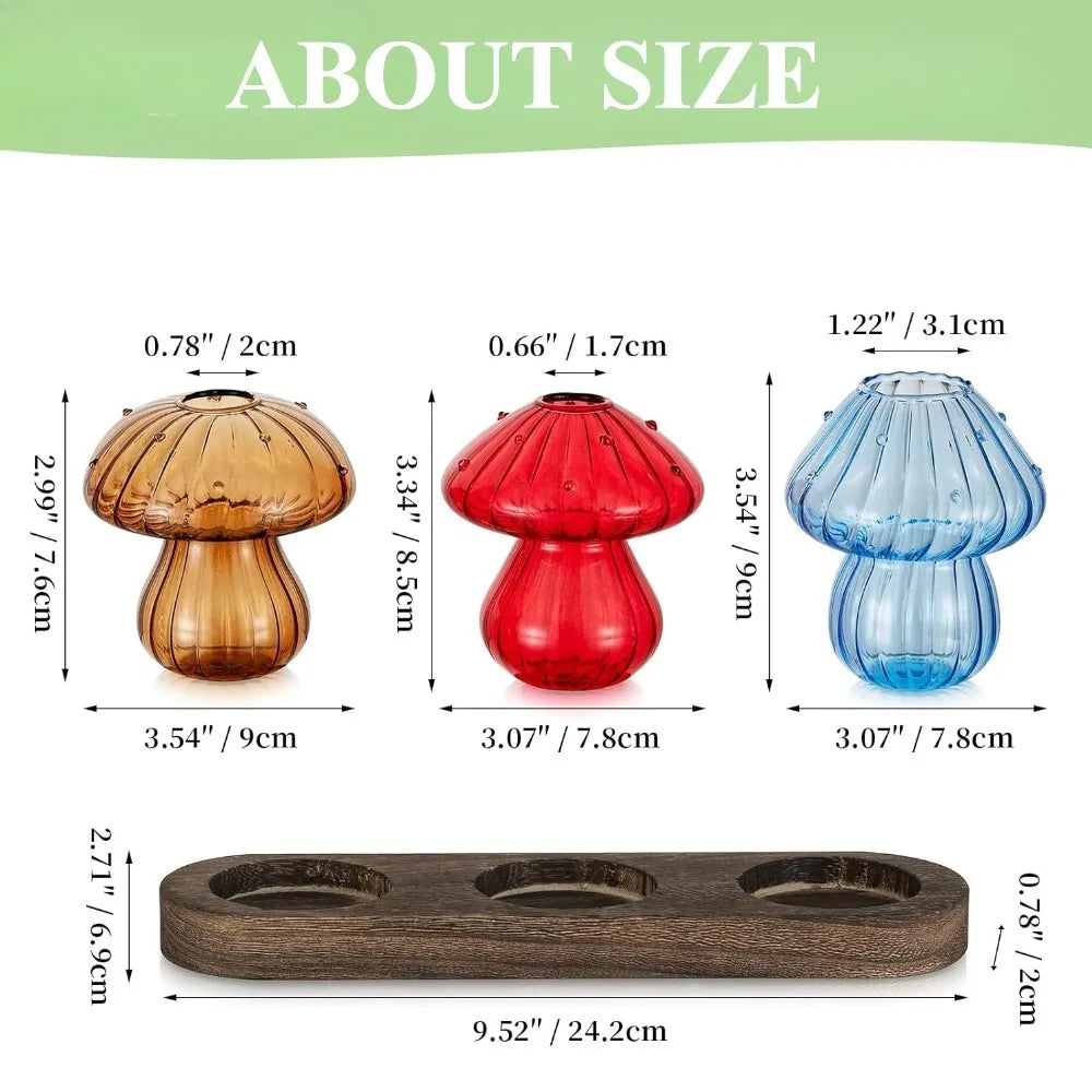 Mushroom Glass Planter Vase with Wooden Base Cute Indoor Greenery Plant Propagation Stations Flowers,Hydroponics & Home Decor