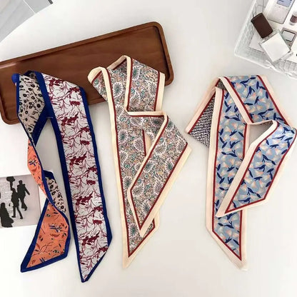 Fashion Luxury Floral Silk Scarf Flower Pattern Retro Hair Band Long Versatile Silk Scarves