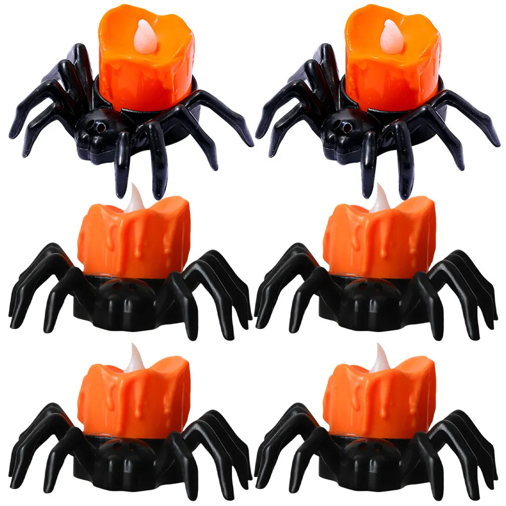 6 Pcs Electric Candles Flickering Halloween Flameless Spider Candlestick Lamp Amber Decorations Indoor Lights LED