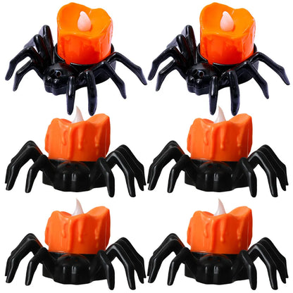 6 Pcs Electric Candles Flickering Halloween Flameless Spider Candlestick Lamp Amber Decorations Indoor Lights LED
