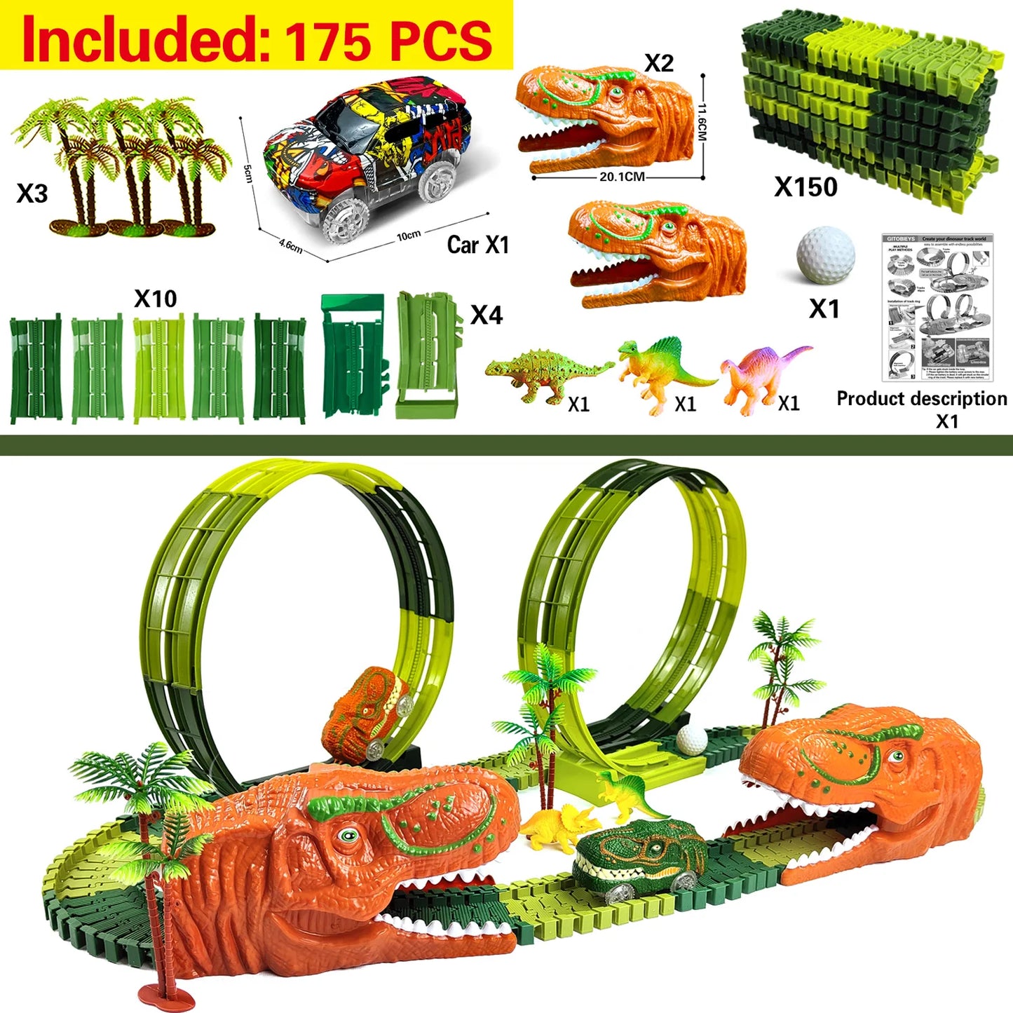 Racing Track Dinosaur Railway Toys Flexible Race Anti gravity orbit  Electronic Flash Light Car Toys for Children Gifts