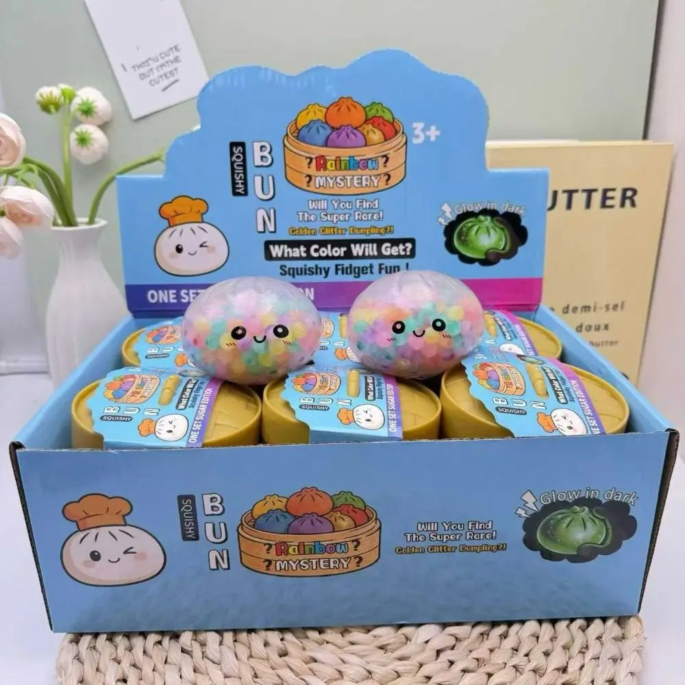Rainbow Bead Dumpling Squishy Realistic Bun Colorful Squishy Dumpling with Steamer Pinch Sensory Fidget Ball Children Gifts