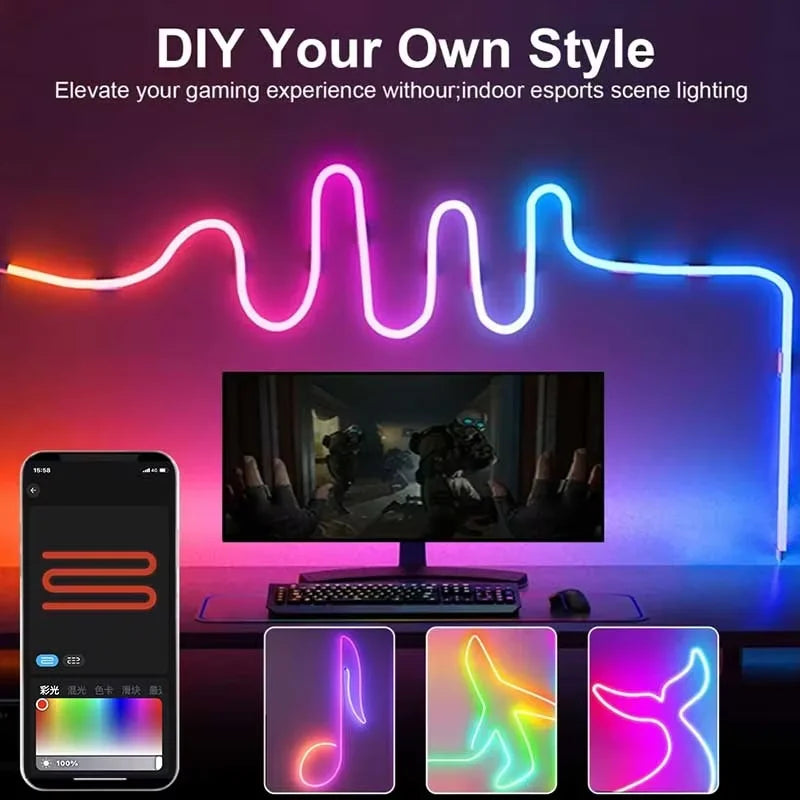5V USB RGBIC Neon LED Strip,1/2/3/4/5M IP65 RGBIC Neon lamp tape with Bluetooth App and Remote For DIY Neon Deocoration Lighting