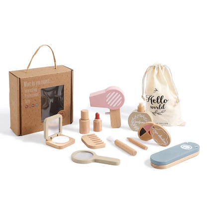Baby Wooden Pretend Play Makeup Toys Simulation Cosmetics Set Girls Play House Hairdressing Simulation Make Up Preschool Toys