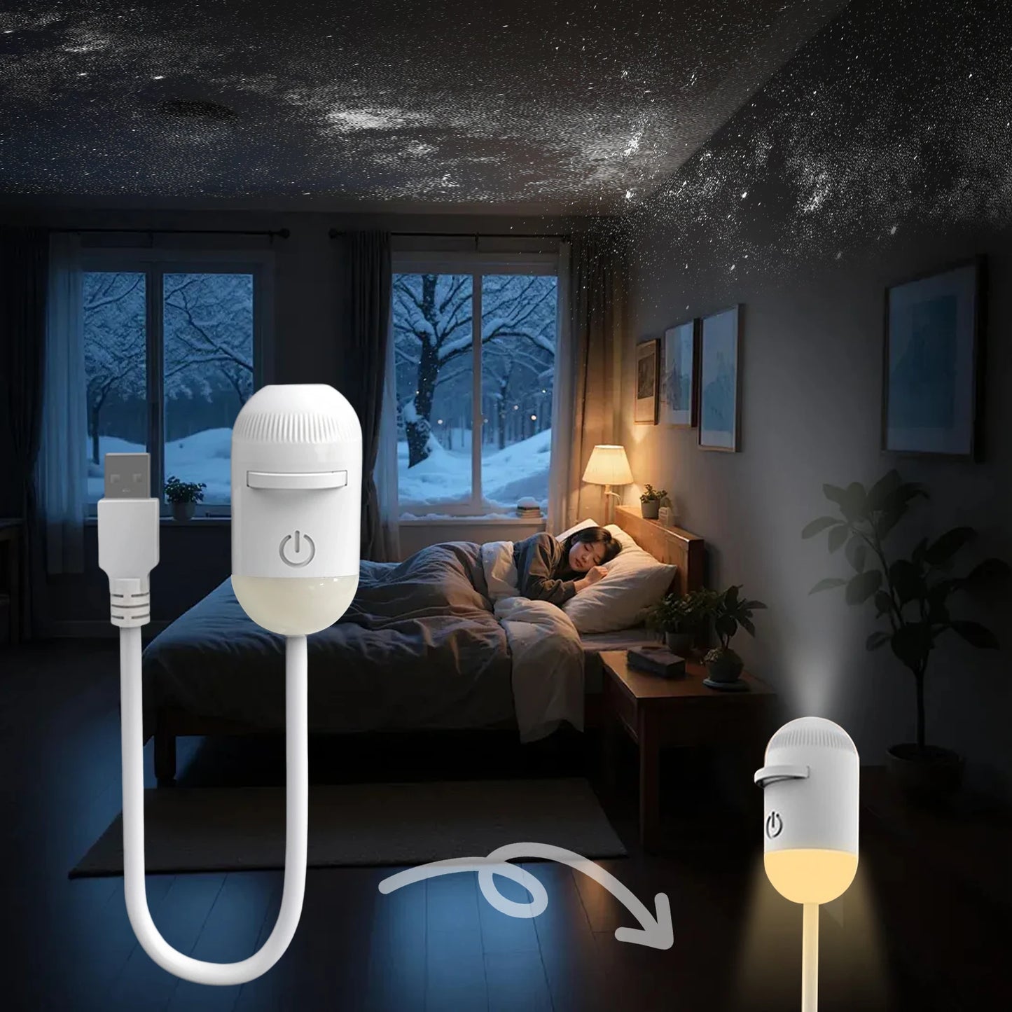 2-in-1 Mini Galaxy Star Projector Night Light USB 360° Rotatable LED Starry Sky Ambient Lamp Sleep Lighting for Bedroom Decor