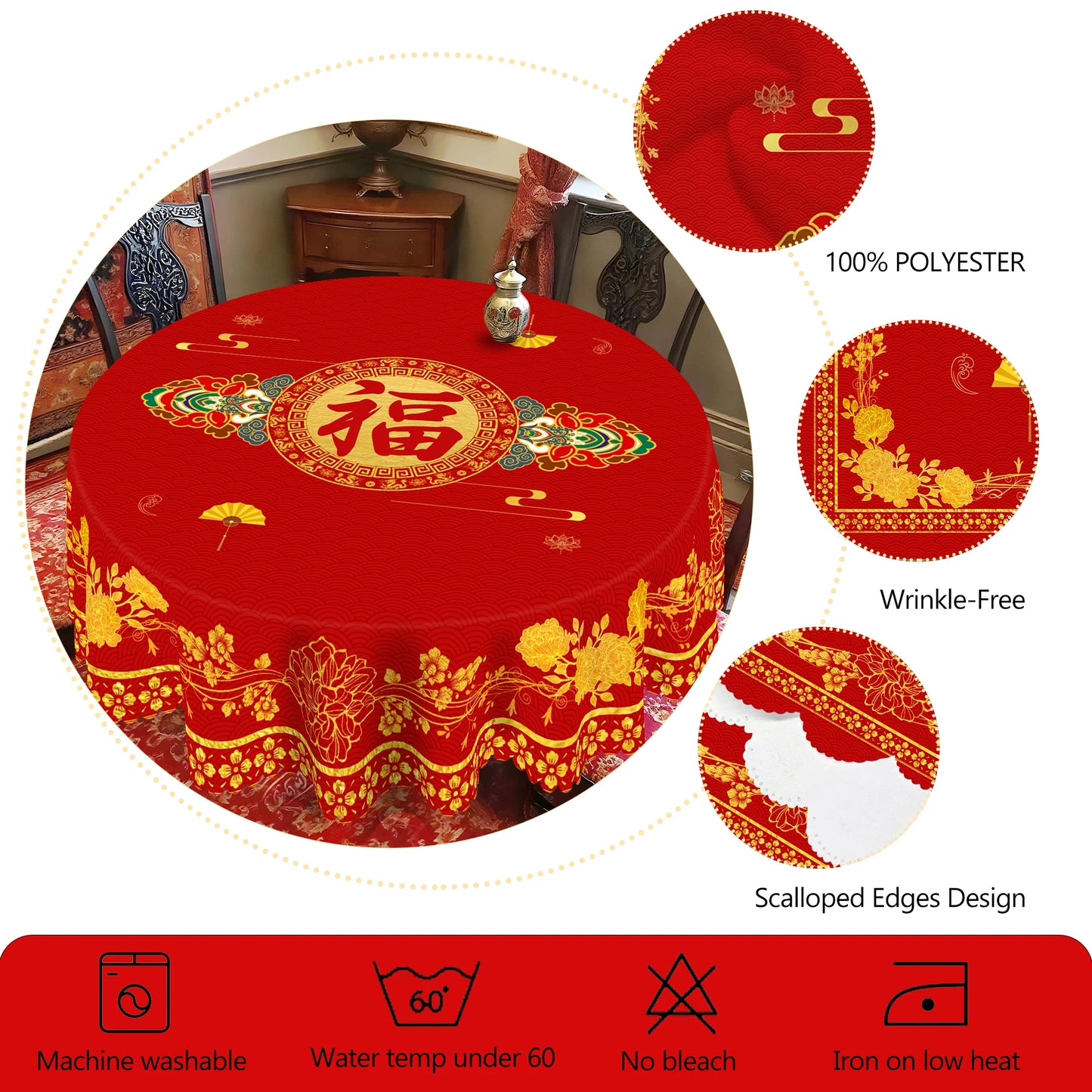 Red Peony Round Tablecloth — Festive Chinese New Year Decor