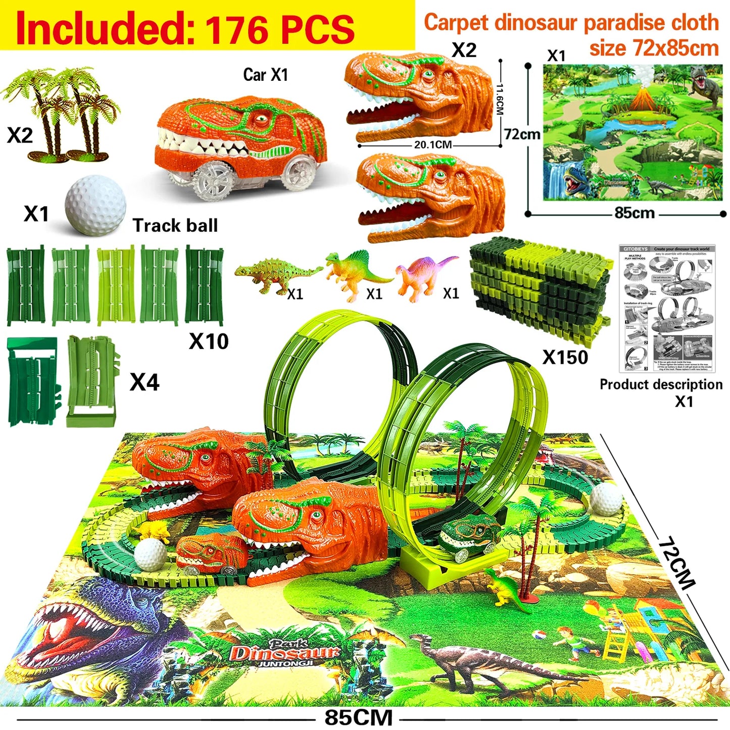 Racing Track Dinosaur Railway Toys Flexible Race Anti gravity orbit  Electronic Flash Light Car Toys for Children Gifts