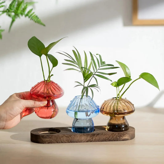 Mushroom Glass Planter Vase with Wooden Base Cute Indoor Greenery Plant Propagation Stations Flowers,Hydroponics & Home Decor