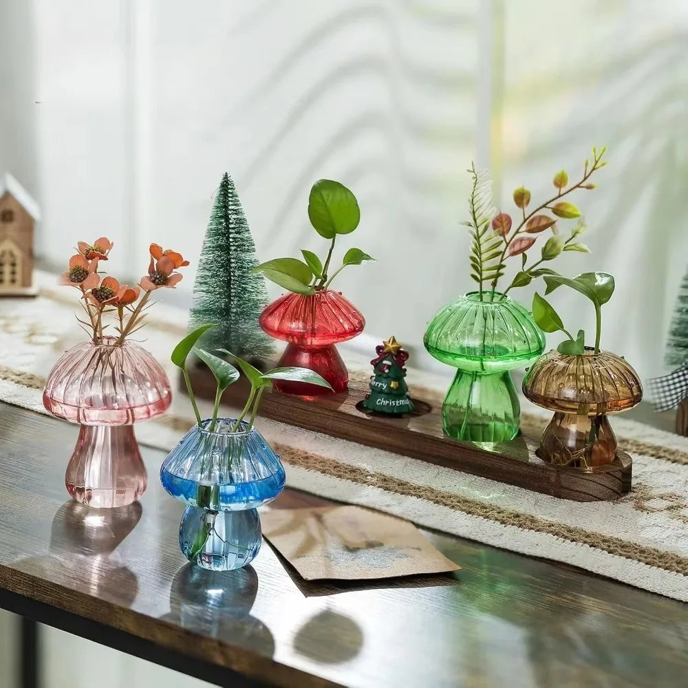 Mushroom Glass Planter Vase with Wooden Base Cute Indoor Greenery Plant Propagation Stations Flowers,Hydroponics & Home Decor