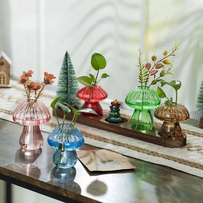 Mushroom Glass Planter Vase with Wooden Base Cute Indoor Greenery Plant Propagation Stations Flowers,Hydroponics & Home Decor