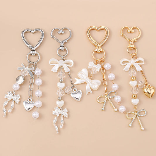 Cute Bowknot Love Heart Keychain Crystal Pearl Key Ring Pendants for Women Girls Handbag Decor DIY Handmade Key Chain Gifts