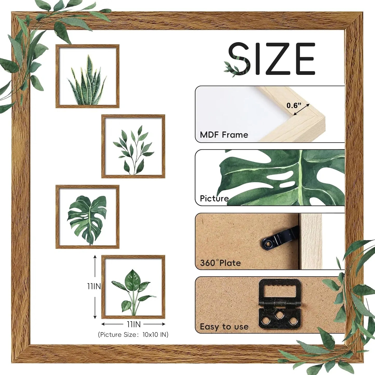 Framed Bathroom Wall Art Decor, 10x10 Inch 4 Pack Botanical Gallery Wall Frame Set Modern Farmhouse Sage Green Prints Artwork for Spa, Restroom, Bedroom, Office Decoration (Walnut)