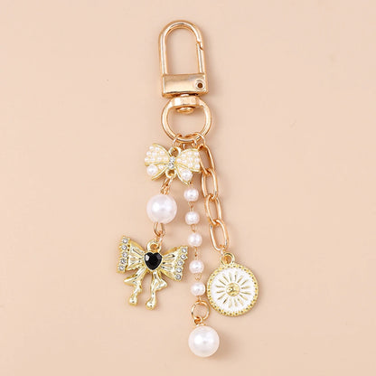 Cute Bowknot Love Heart Keychain Crystal Pearl Key Ring Pendants for Women Girls Handbag Decor DIY Handmade Key Chain Gifts